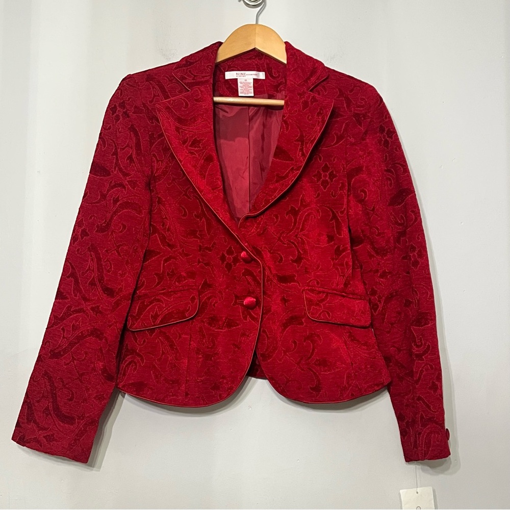 Vintage Nine West Blazer Women’s Crushed Velvet‎ Jacquard Red Scroll Xmas 10 NWT